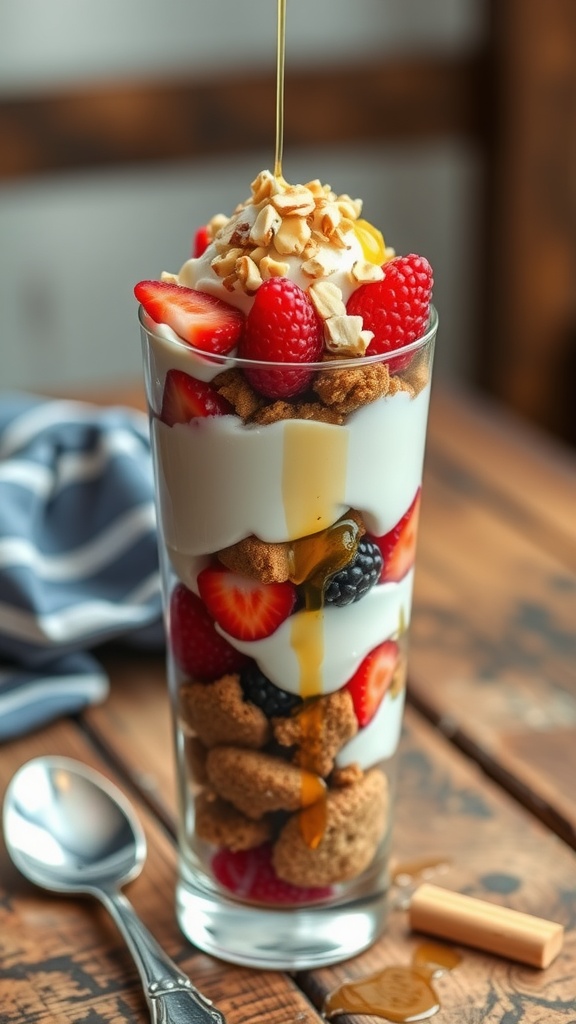 A delicious cookie yogurt parfait with layers of yogurt, cookie crumbs, and berries in a glass.